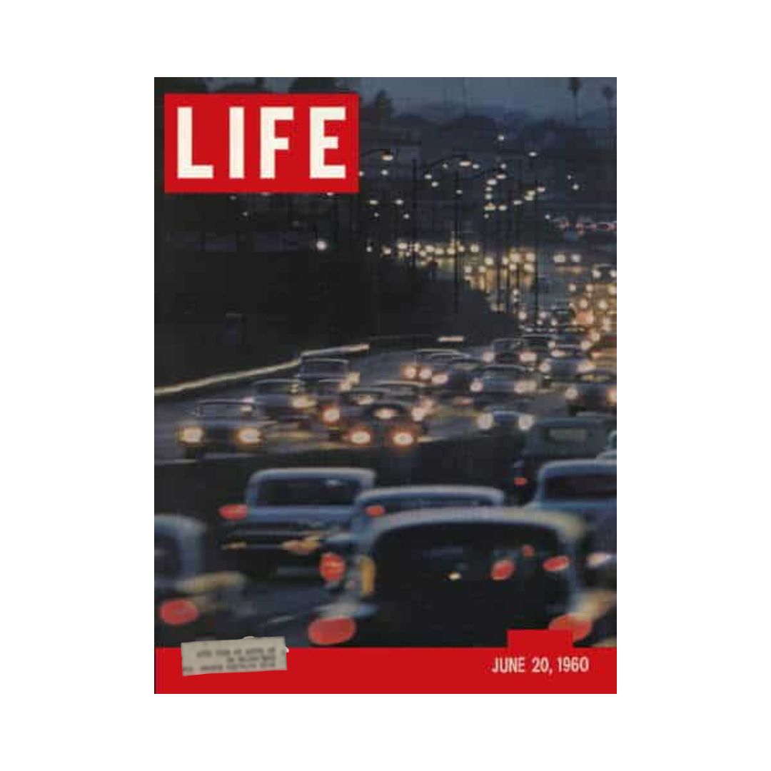 Cover of Life Magazine from June 20, 1960, featuring a bustling Los Angeles traffic scene at dusk, highlighting the era's car culture.