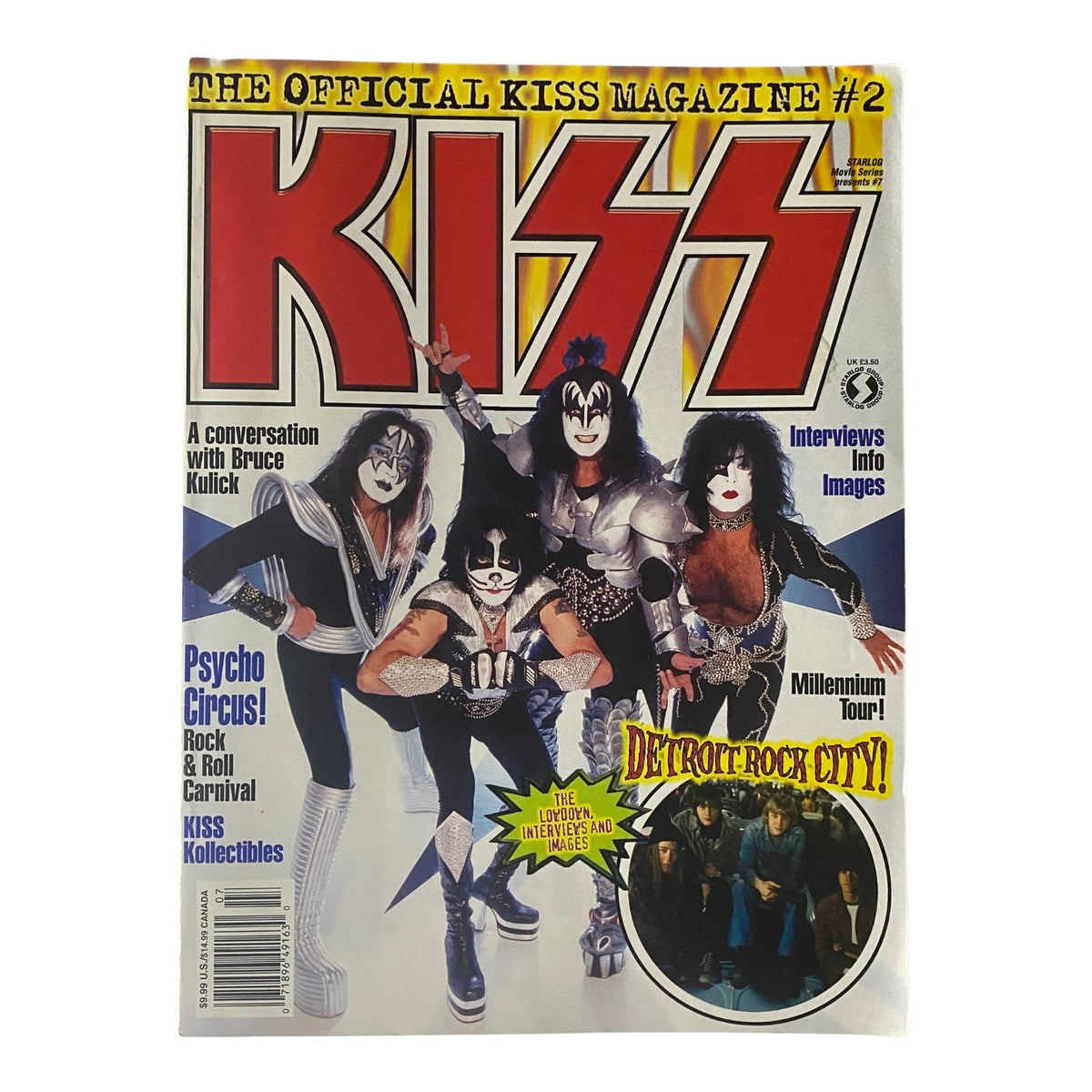 Official KISS Magazine 1999 Issue #2 featuring KISS band members on the cover with text highlighting 'Detroit Rock City' and 'Psycho Circus'.