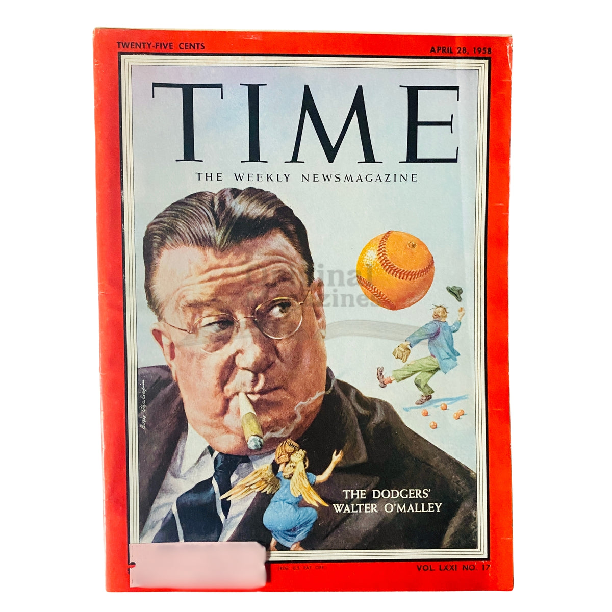 Time Magazine April 28 1958 Vol 71 No. 17 featuring The Dodgers' Walter O'Malley on the cover, showcasing a vintage depiction of the famed baseball executive with a cigar and an artistic portrayal of baseball themes.