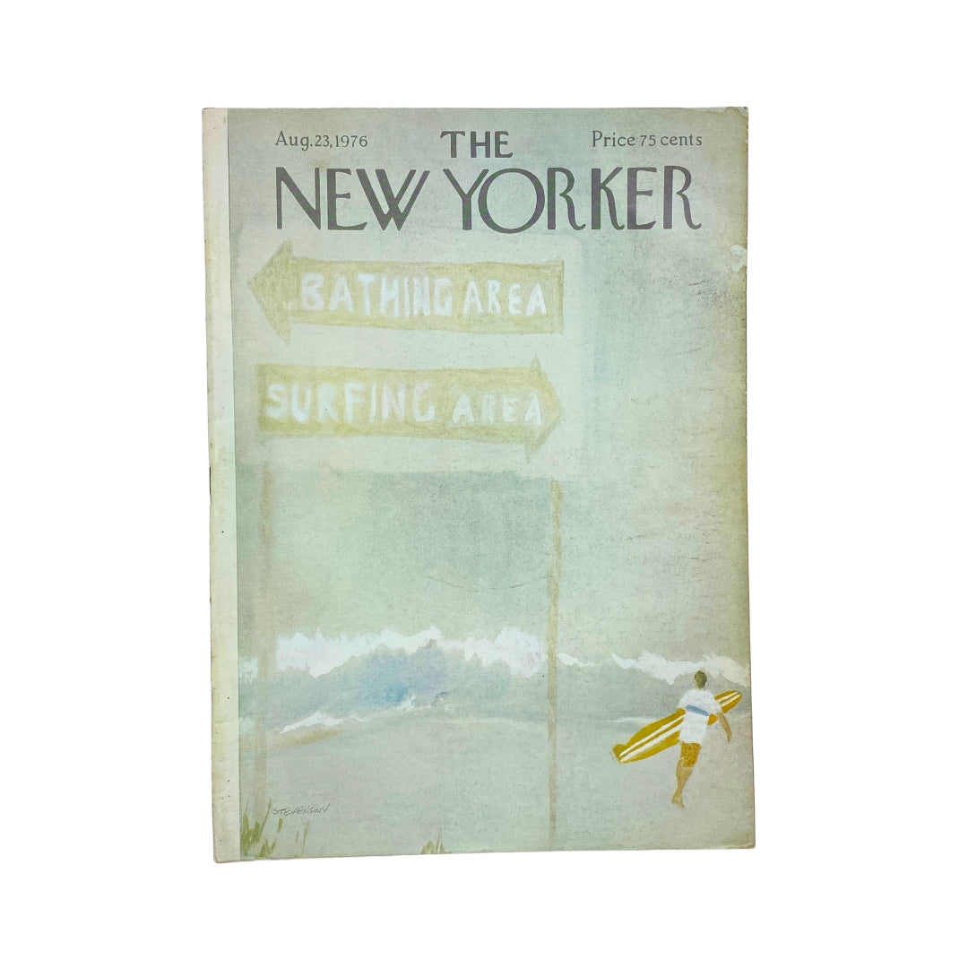 The New Yorker Complete Magazine August 23, 1976 featuring a cover by James Stevenson, showcasing a beach scene with signs indicating 'Bathing Area' and 'Surfing Area'.