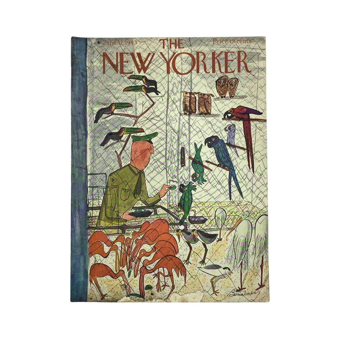 The New Yorker Complete Magazine June 12, 1943 featuring a colorful cover illustration by Ludwig Bemelmans, depicting an artist surrounded by various birds and flamingos. Ideal for collectors and enthusiasts of vintage magazines.