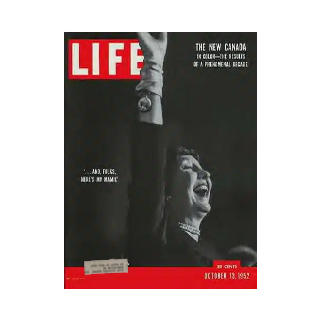 Cover of VTG Life Magazine from October 13, 1952, featuring a woman smiling and raising her hand, captioned '...AND, FOLKS, HERE'S MY MAMMY!' This issue includes articles on cultural, political, and social themes from the early 1950s.