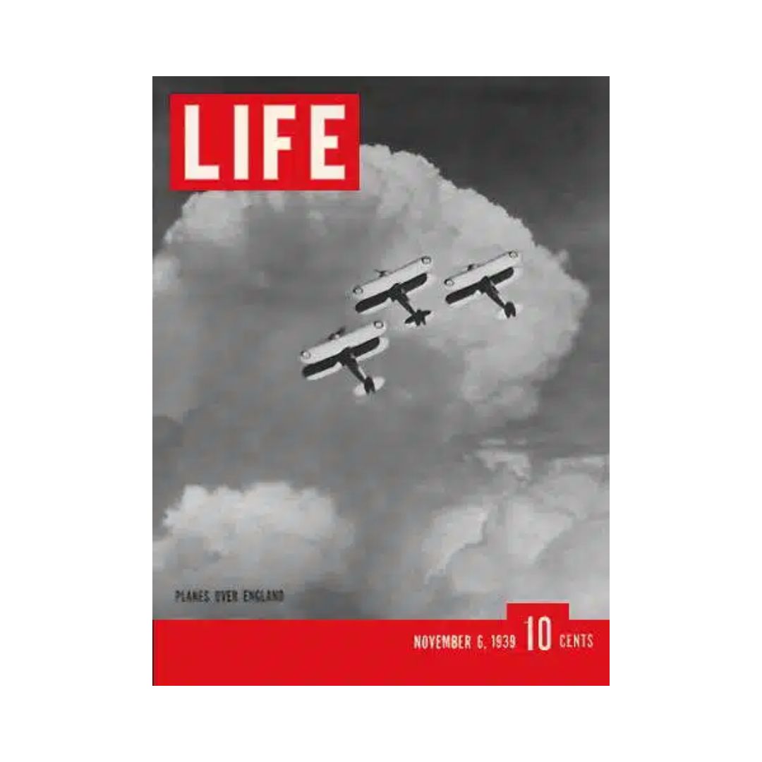 VTG Life Magazine November 6, 1939 cover featuring planes flying over England, showcasing a historical moment with dramatic clouds and a striking visual design.