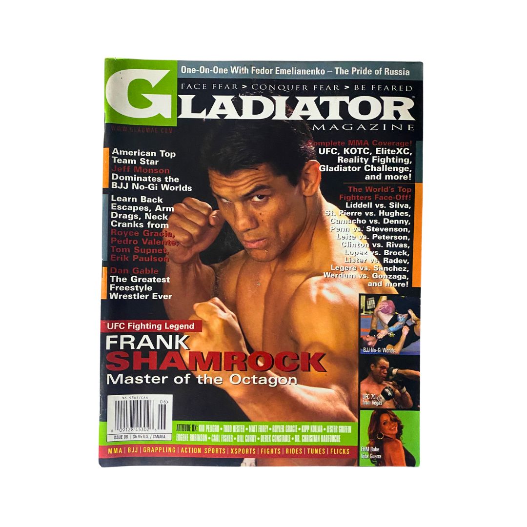 Cover of Gladiator Magazine Issue No. 6 featuring MMA legend Frank Shamrock, showcasing articles on mixed martial arts and collectibles, published in the late 1990s.