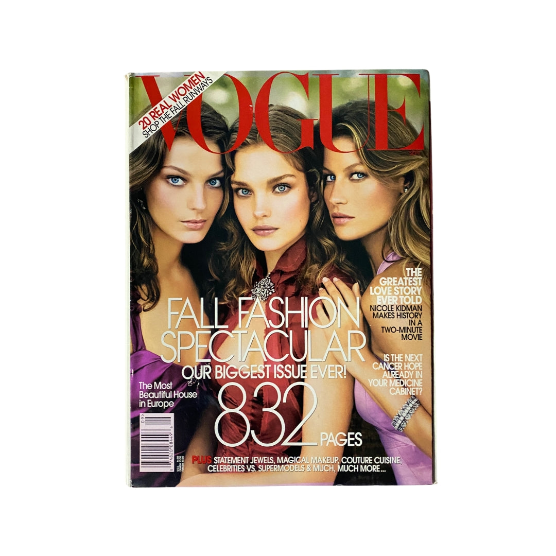 Vogue Magazine September 2004 featuring Gisele Bündchen, Daria Werbowy, and Natalia Vodianova on the cover, showcasing fall fashion styles.