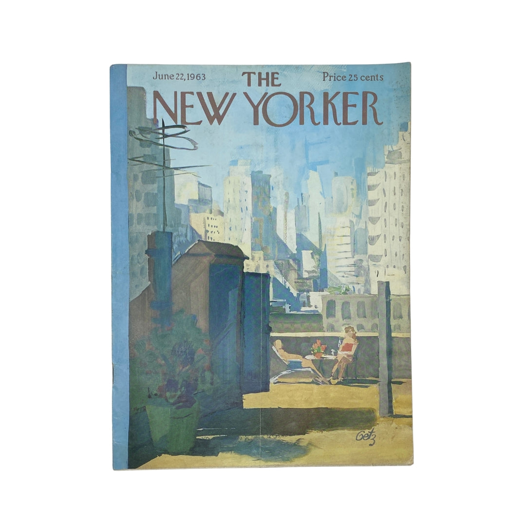 The New Yorker Complete Magazine June 22, 1963 featuring an Arthur Getz cover, showcasing an urban rooftop scene with two individuals relaxing. Price 25 cents.
