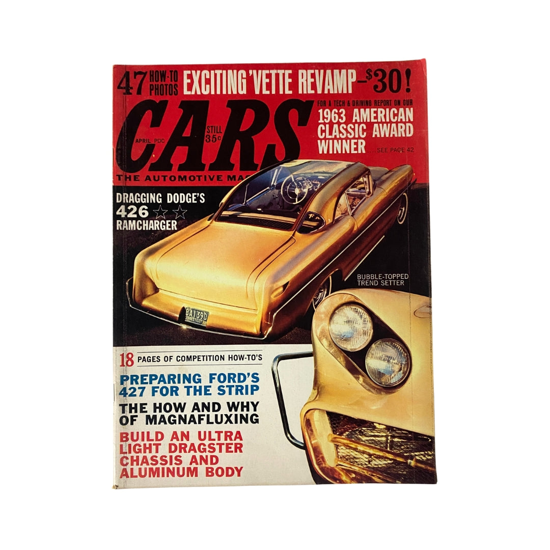 VTG Cars Magazine April 1963 Bubble-Topped Trend Setter cover featuring a golden car, showcasing automotive culture, with headlines on Dodge's Ramcharger and Ford's 427 features.
