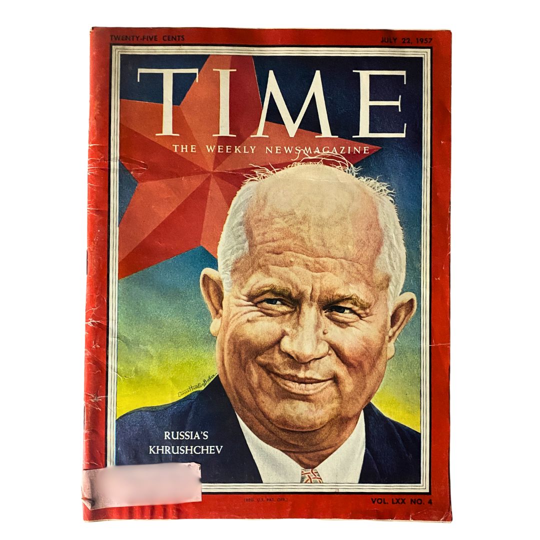 VTG Time Magazine July 22, 1957, with Nikita Khrushchev on the cover, showcasing the Soviet leader against a colorful background and highlighting the historical significance of the Cold War period.