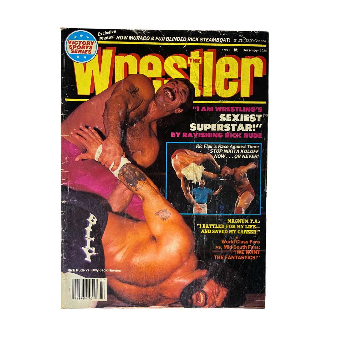 The Wrestler Magazine December 1985 cover featuring Rick Rude, showcasing his dynamic wrestling pose and promotional text highlighting him as wrestling's 'Sexiest Superstar'.