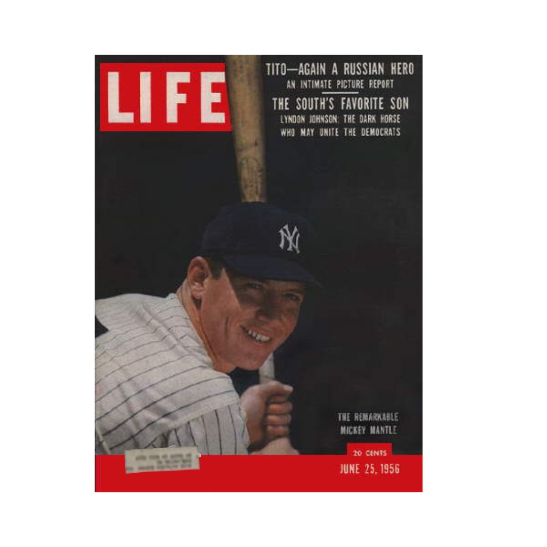 Cover of VTG Life Magazine from June 25, 1956 featuring Mickey Mantle of the New York Yankees. The cover includes titles such as 'Tito—Again a Russian Hero' and 'The Remarkable Mickey Mantle'. This historical magazine is part of a collection available for purchase.