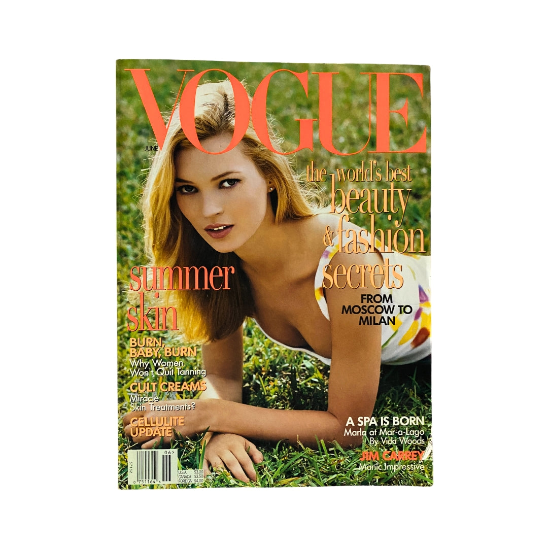Cover of Vogue Magazine June 1996 featuring Kate Moss, showcasing summer skin and beauty secrets, highlighting the essence of 90s fashion.