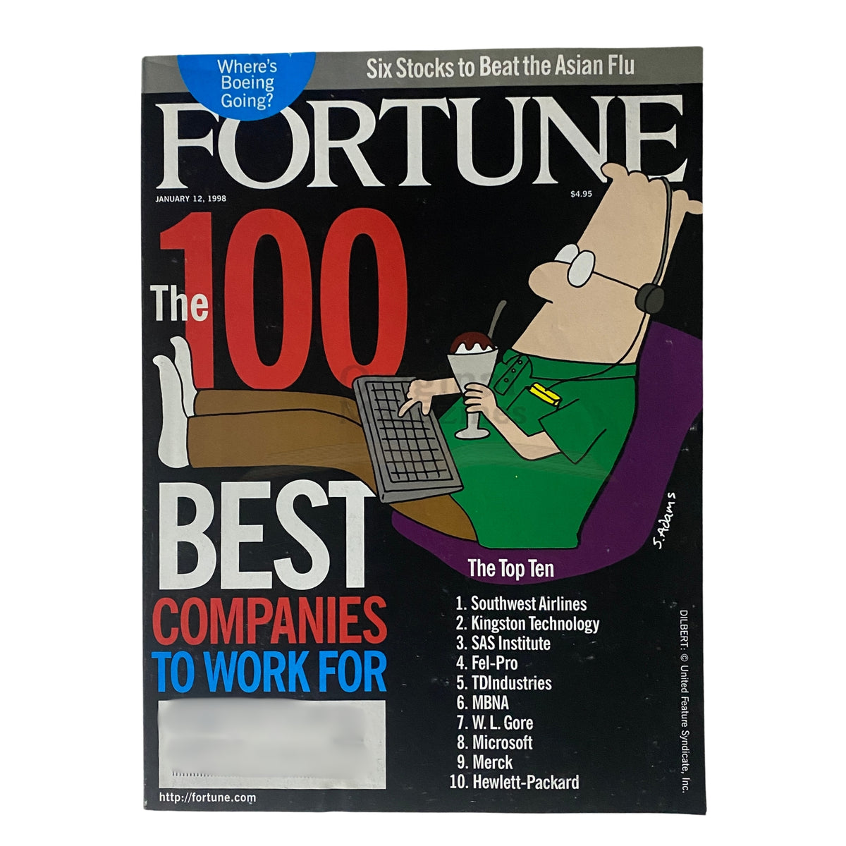 Fortune Magazine cover from January 12, 1998, showcasing 'The 100 Best Companies to Work For' featuring a cartoon character lounging with a drink and a computer, highlighting the rankings of top employers.