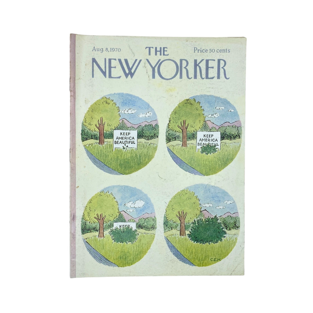 The New Yorker Complete Magazine August 8, 1970 featuring a vibrant cover illustration by Charles E. Martin showing scenic landscapes with the message 'Keep America Beautiful.' A must-have for collectors.
