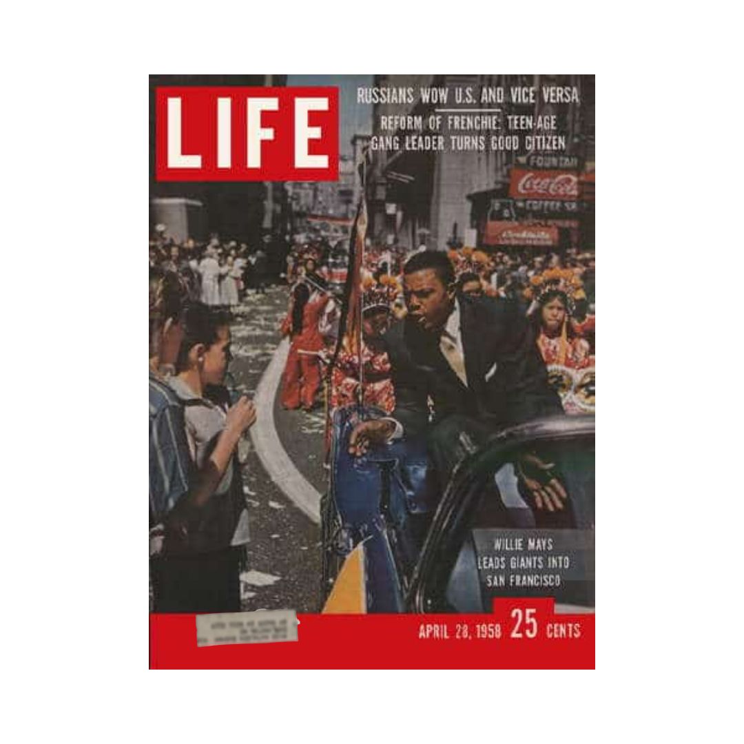 Vintage Life Magazine cover from April 28, 1958 featuring Willie Mays of the San Francisco Giants, highlighting his leadership role as the Giants enter San Francisco. The cover includes colorful imagery from a parade, symbolizing the excitement of the era.
