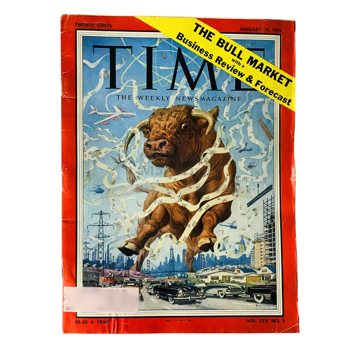 Time Magazine January 10, 1955 issue featuring the cover story 'The Bull Market' with vibrant artwork depicting a bull and economic themes, including a Business Review & Forecast. Ideal for collectors of vintage magazines.