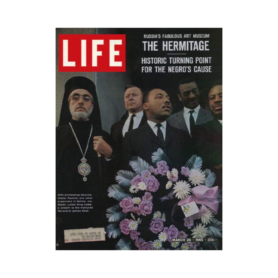 Vintage Life Magazine cover from March 26, 1965, featuring a historic moment with Martin Luther King Jr. surrounded by prominent figures, highlighting the civil rights movement and cultural commentary of the era.