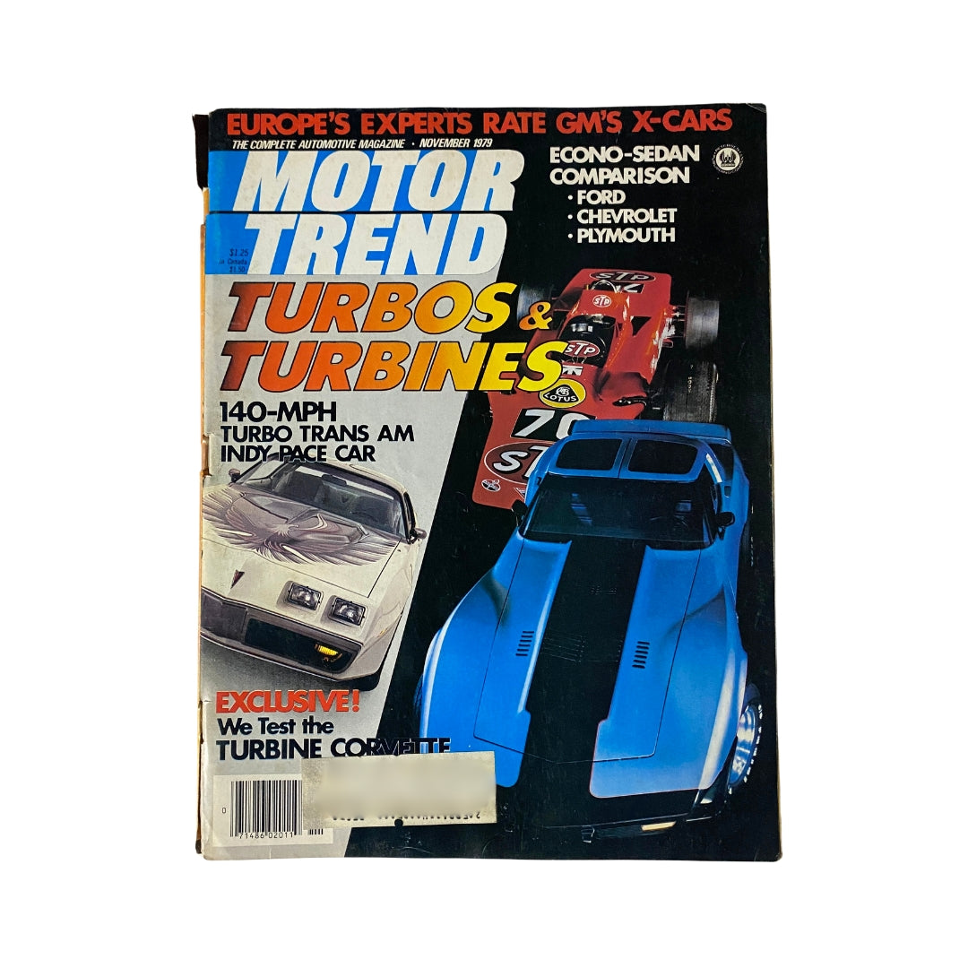 Cover of VTG Motor Trend Magazine November 1979 featuring the 140-Mph Turbo Trans AM Indy Race Car and articles on turbos and turbines.