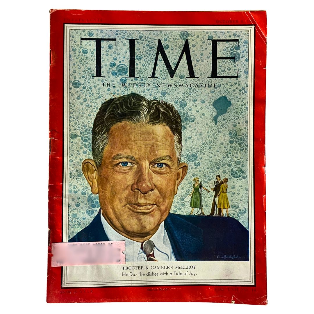VTG Time Magazine October 5, 1953 featuring a portrait of Neil H. McElroy with colorful illustrations related to Procter & Gamble. A historical publication showcasing mid-20th century Americana.