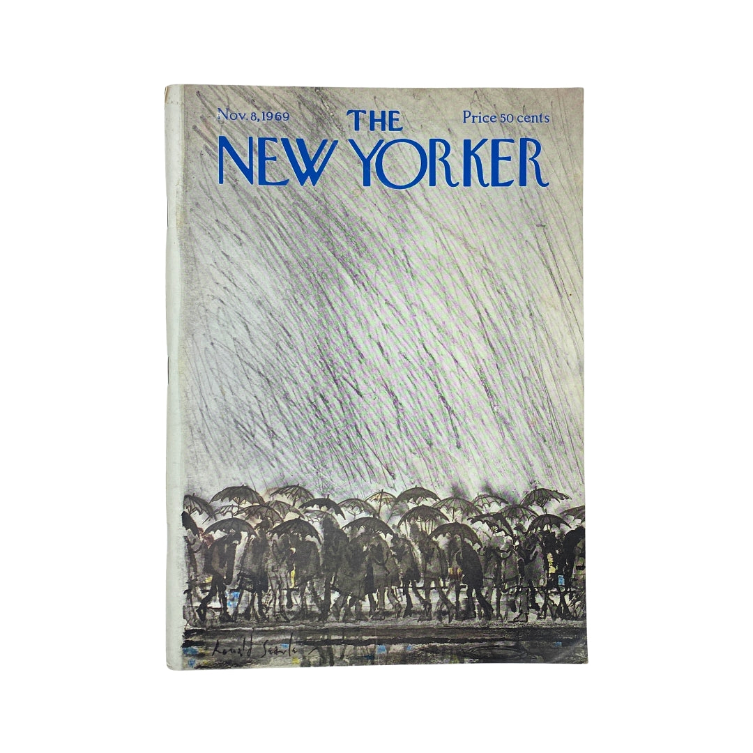 The New Yorker Complete Magazine November 8, 1969 cover featuring a Ronald Searle illustration, priced at 50 cents, showcasing a rainy scene with people holding umbrellas.
