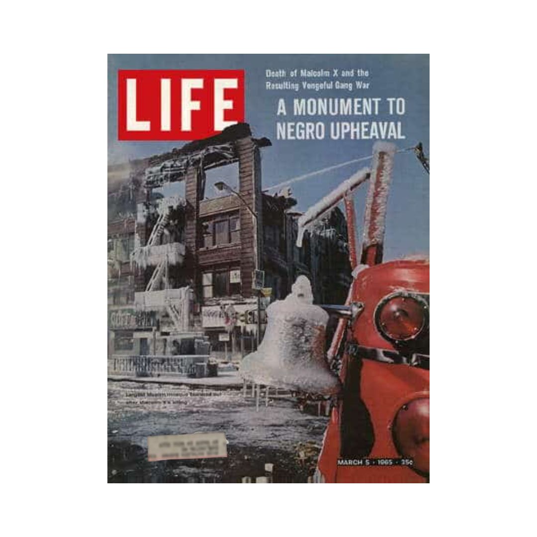 VTG Life Magazine March 5, 1965 cover featuring the title 'Death of Malcolm X and the Resulting Vengeful Gang War' with an image depicting a winter scene and a red fire truck, illustrating social upheaval.