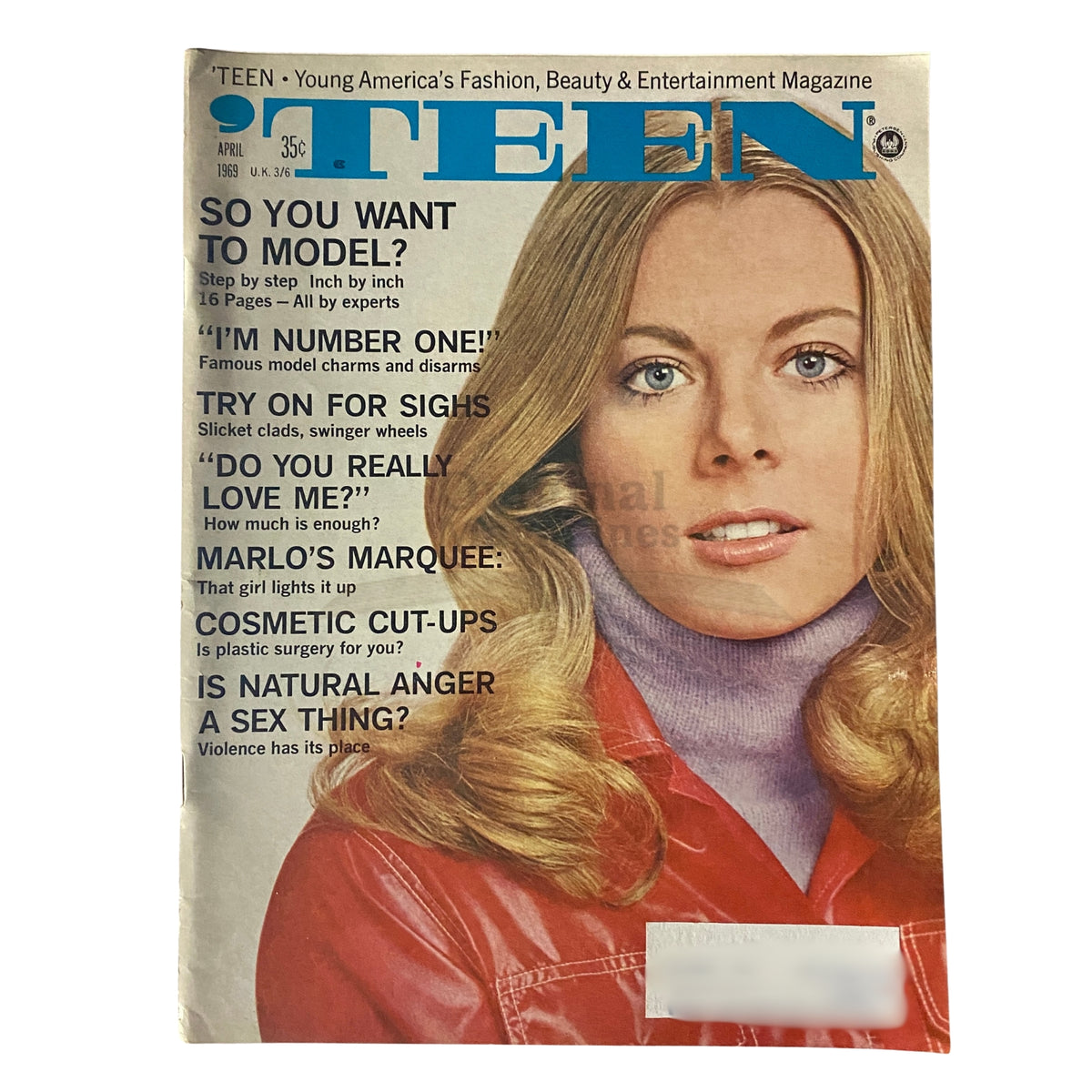 Teen Magazine April 1969 cover showcasing a young woman with long hair, wearing a stylish outfit, featuring headlines about modeling, beauty, and teen culture.