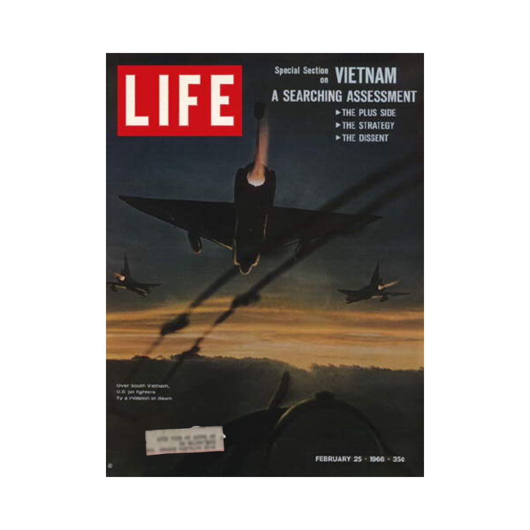 Vintage Life Magazine cover from February 25, 1966 featuring a special section on the Vietnam War, titled 'A Searching Assessment'. The cover displays US fighter jets flying over Vietnam at dawn, highlighting the complexity of the war's impact.