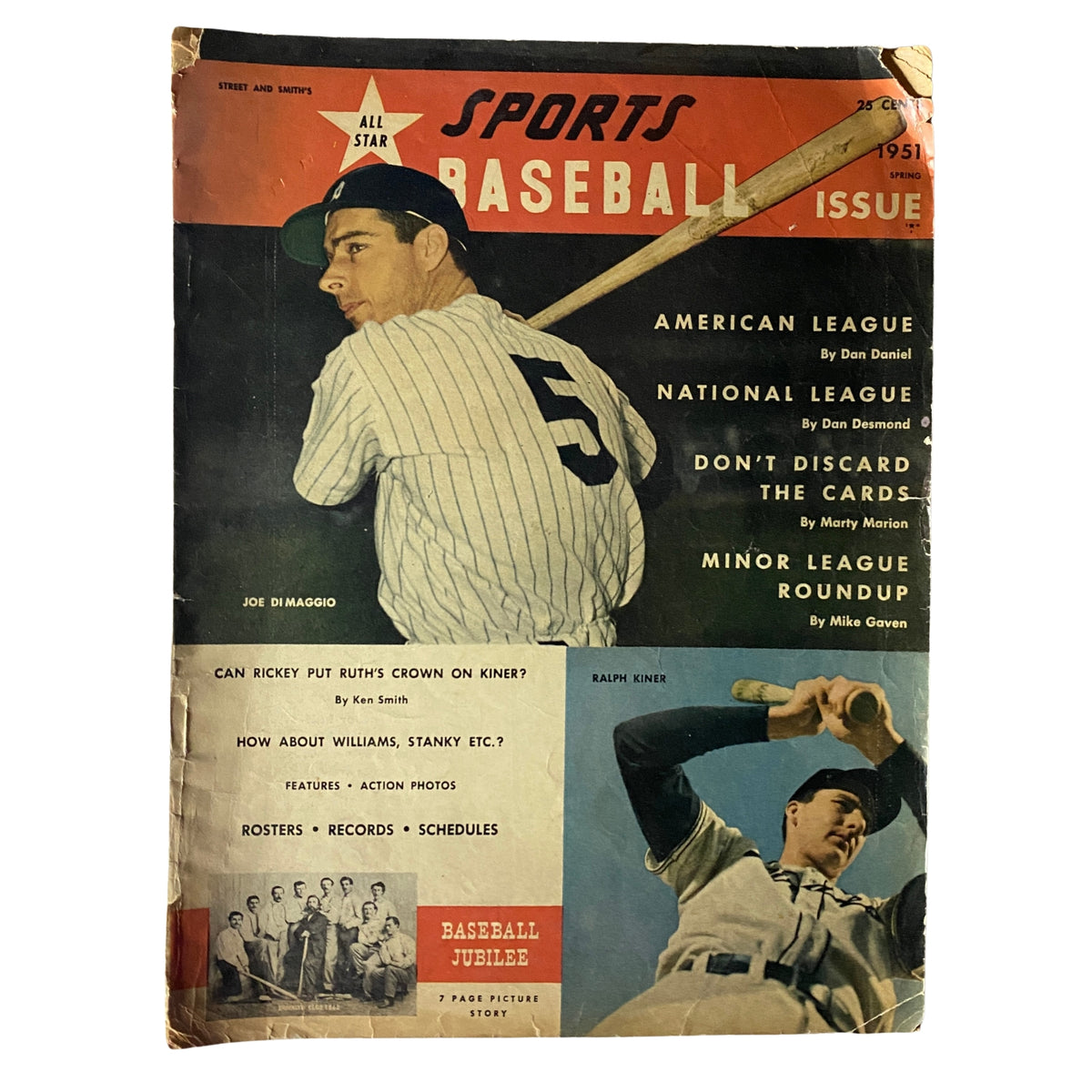 Sports Baseball Issue Magazine Spring 1951 featuring Joe DiMaggio and Ralph Kiner on the cover, highlighting articles on the American and National Leagues, player statistics, and a recap of the 1950 World Series.