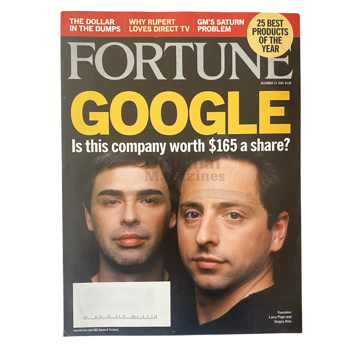 Fortune Magazine cover from December 13, 2004 featuring Google Founders Larry Page and Sergey Brin, with the headline 'Google: Is this company worth $165 a share?'. This issue explores Google's early stock market impact.