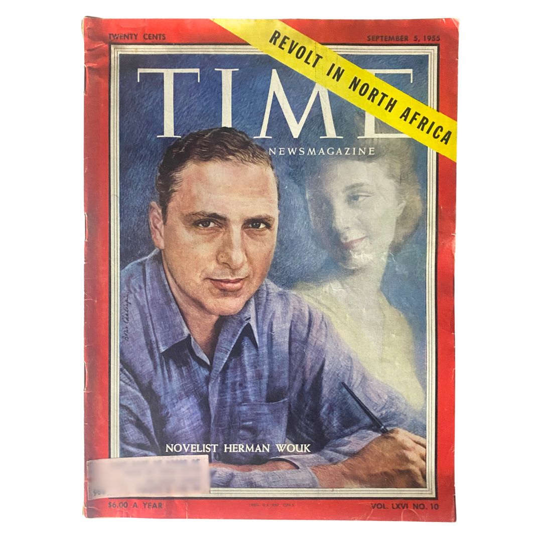 VTG Time Magazine September 5, 1955 featuring novelist Herman Wouk on the cover, showcasing a captivating illustration and the headline 'Revolt in North Africa'.