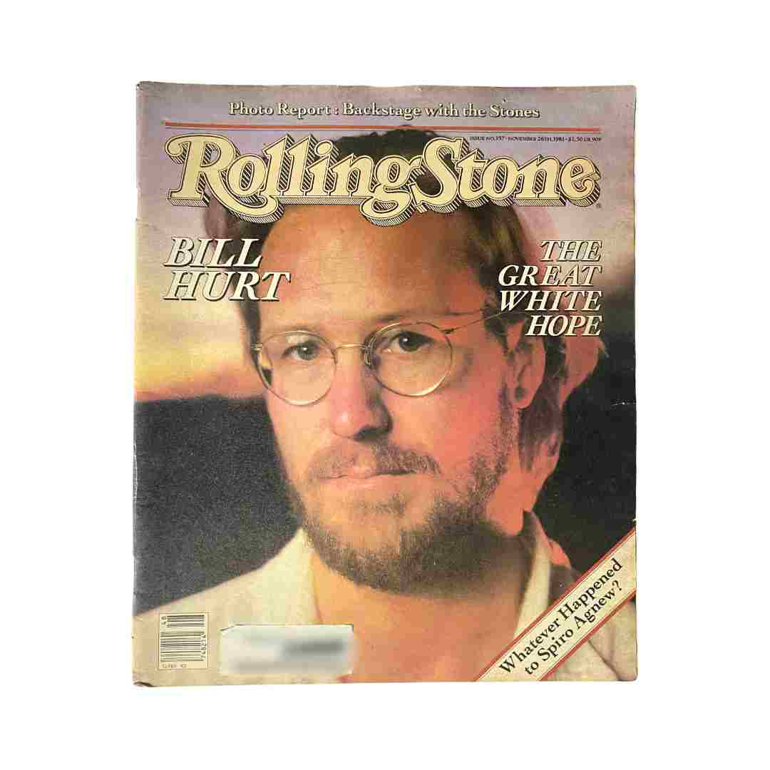 Cover of the VTG Rolling Stone Magazine November 26, 1981 Issue 357 featuring William 'Bill' Hurt with the title and description about the issue's cultural significance.