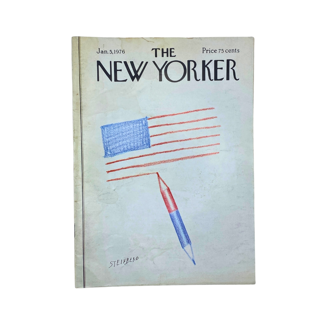 The New Yorker Complete Magazine January 5, 1976 Saul Steinberg Cover showcasing a simplistic yet artistic cover design with a colored pencil drawing of a flag and a red and blue pencil, perfect for vintage magazine collectors.