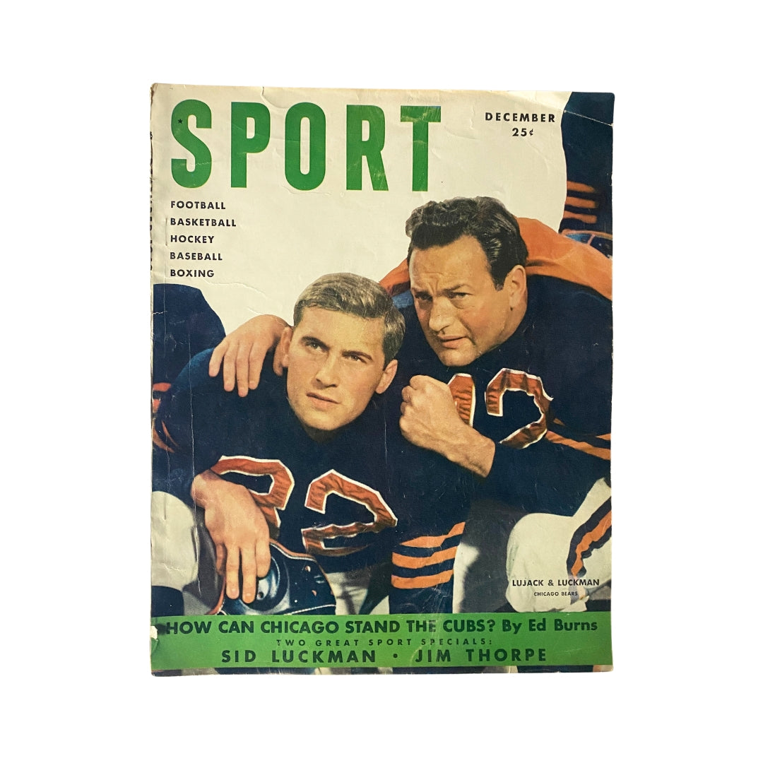 Sport Magazine December 1949 cover featuring football legends Sid Luckman and Johnny Lujack, showcasing vintage sports culture.