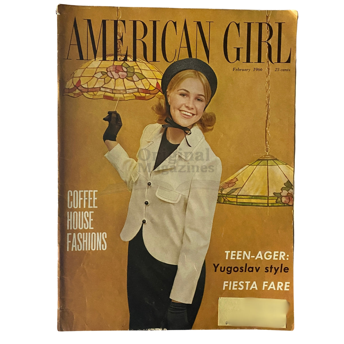 Cover of American Girl Magazine February 1966 showcasing Coffee House Fashions, featuring a model in stylish attire against a warm background.