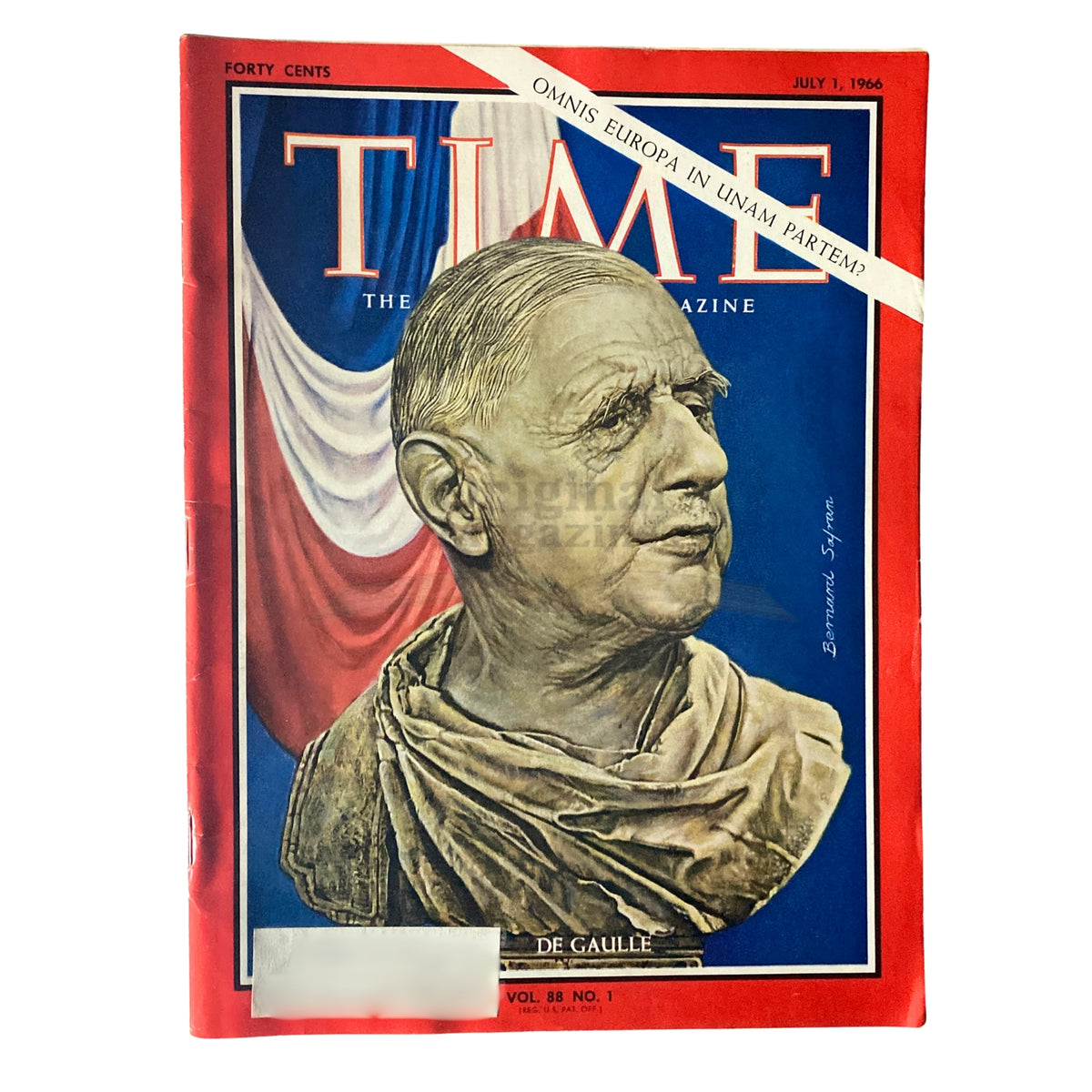 Cover of Time Magazine July 1, 1966, Vol 88 No. 1 featuring Charles de Gaulle against a backdrop of French colors, ideal for history enthusiasts and collectors of vintage magazines.