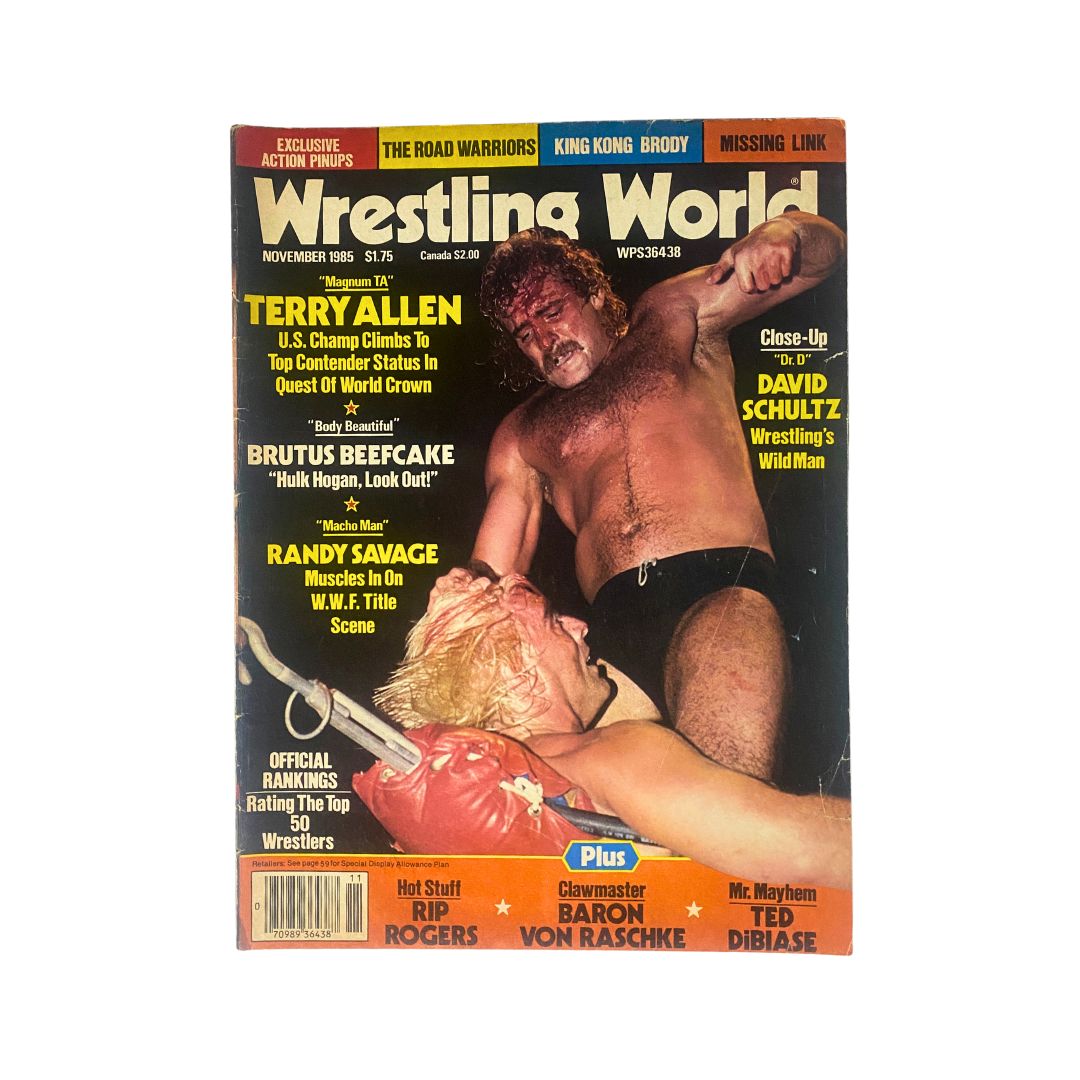 Cover of Wrestling World Magazine November 1985 featuring Randy Savage and Terry Allen, showcasing the vibrant wrestling culture of the mid-1980s.
