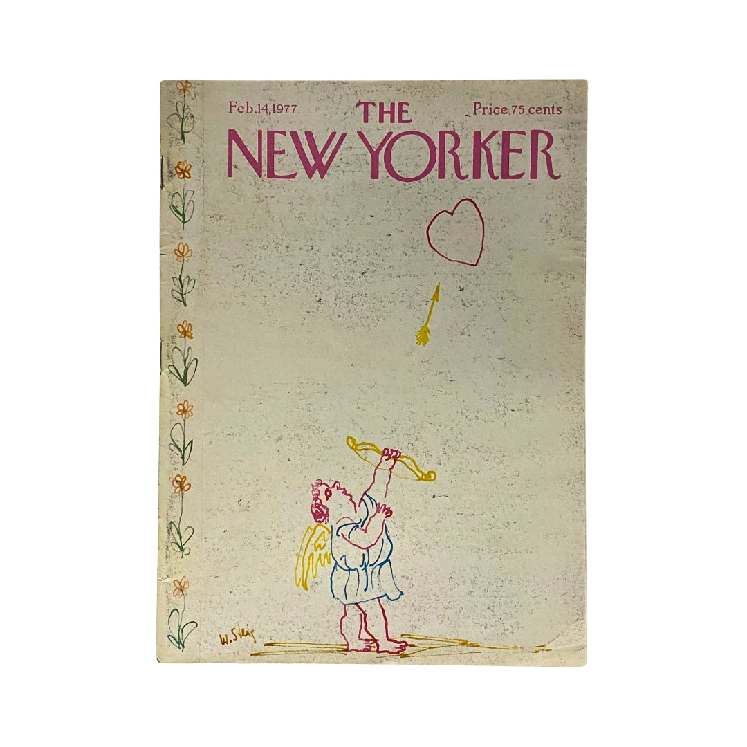 Cover of The New Yorker Complete Magazine February 14, 1977 featuring whimsical illustration by William Steig depicting an angel with a trumpet and heart.