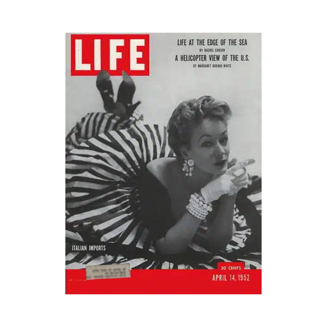 VTG Life Magazine April 14, 1952 cover featuring iconic Italian fashion, showcasing a model in an elegant dress with dramatic stripes, alongside articles including 'Life at the Edge of the Sea' by Rachel Carson.