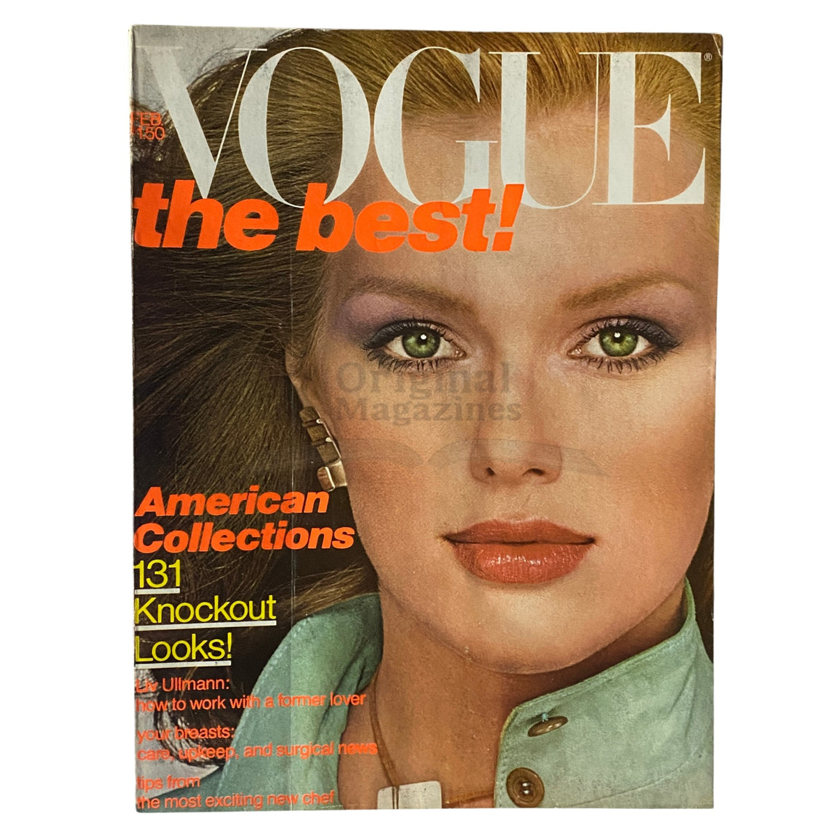 Vogue Magazine February 1977 featuring Patti Hansen on the cover, showcasing a glamorous model with striking green eyes and a stylish outfit. Vintage fashion publication highlighting the American Collections with a focus on 131 knockout looks.