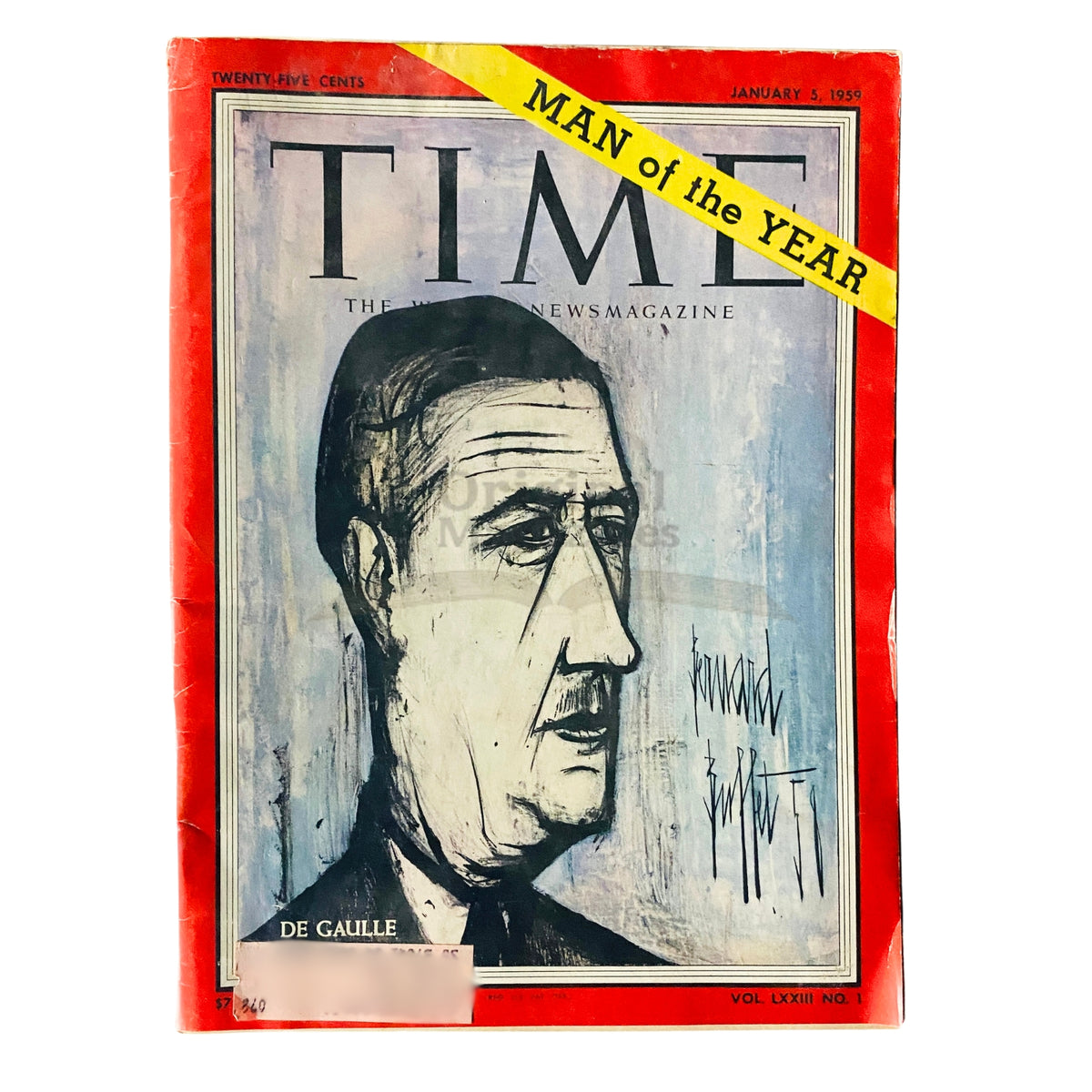Time Magazine January 5, 1959 Vol 73 No. 1 featuring Charles de Gaulle on the cover, recognized as 'Man of the Year', showcasing a historical portrait.