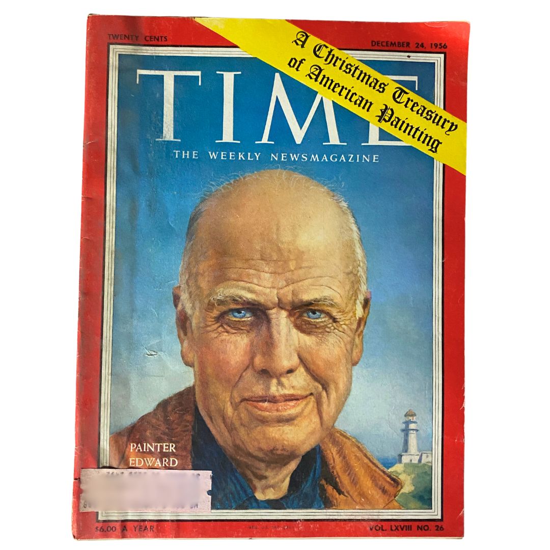 VTG Time Magazine December 24, 1956, featuring a cover portrait of painter Edward Hopper, showcasing his iconic style, detailed expression, and the artistic theme of American painting.