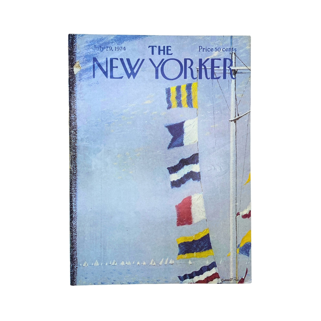 Cover of The New Yorker Complete Magazine, July 29, 1974, featuring artwork by Garrett Price, showcasing colorful nautical flags against a soft blue background.