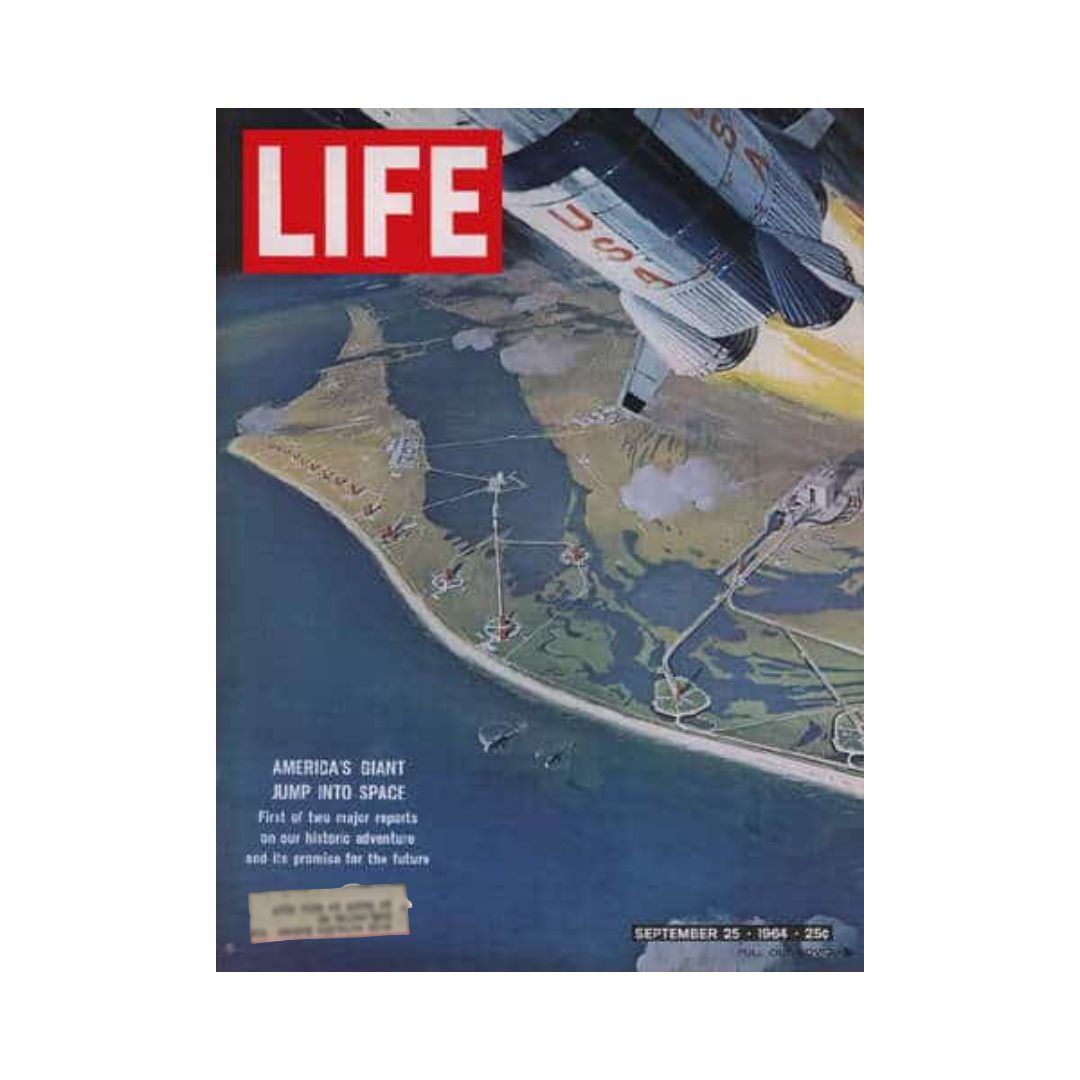 Cover of VTG Life Magazine dated September 25, 1964, featuring a dramatic artwork depicting America's space program, titled 'America's Giant Jump Into Space,' highlighting the moon mission and its significance.