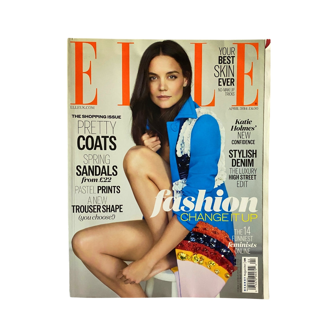 Elle UK Magazine April 2014 cover featuring Katie Holmes, showcasing fashion trends including pretty coats, spring sandals, and pastel prints, emphasizing stylish looks and personal confidence.