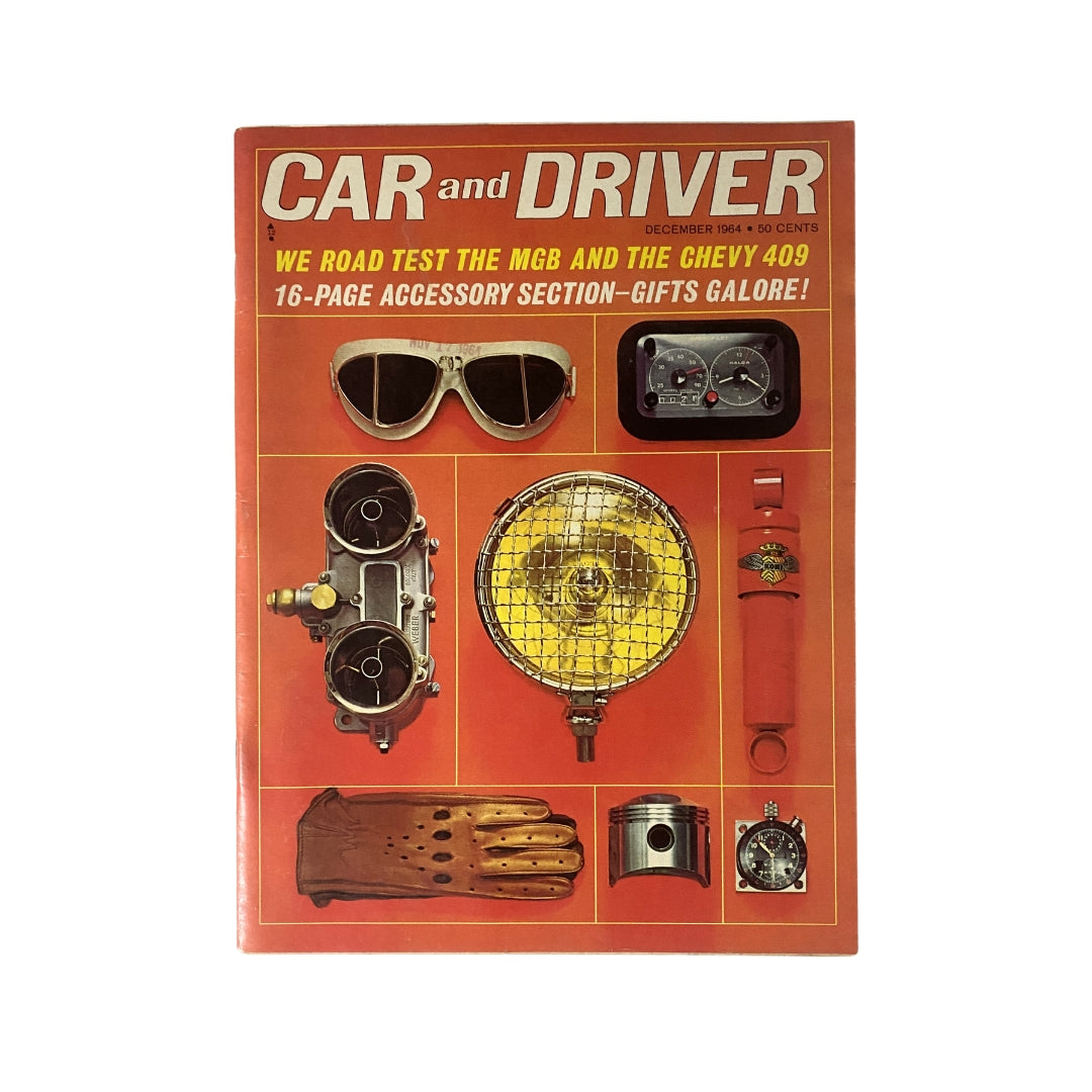 Cover of VTG Car and Driver Magazine from December 1964 featuring a road test of the MGB 1800 and Chevy 409, showcasing automotive accessories and vintage car culture.