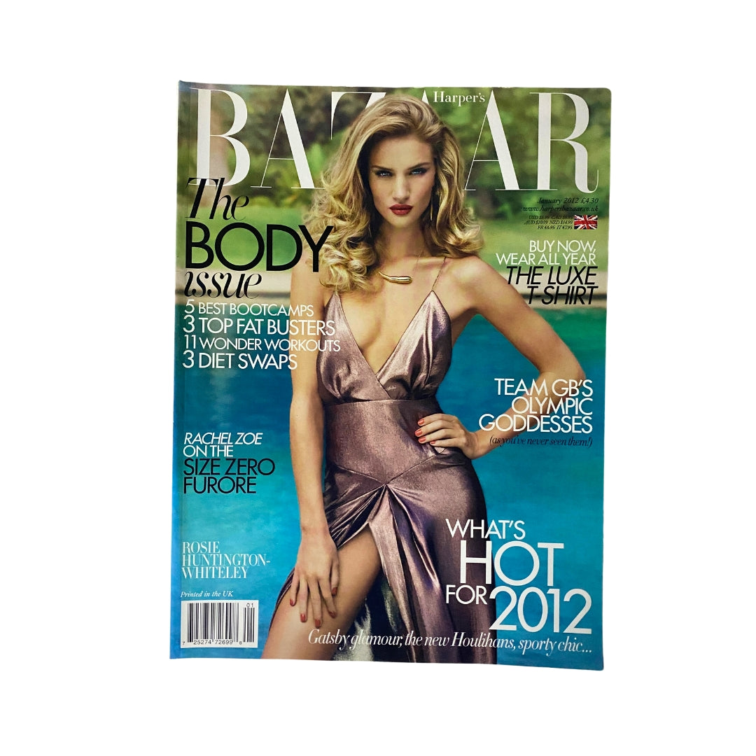 Harper's Bazaar UK Magazine January 2012 featuring Rosie Huntington-Whiteley on the cover, showcasing the Body Issue with fashion insights for 2012.