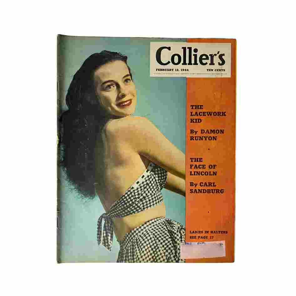 Cover of VTG Collier's Magazine from February 12, 1944, featuring an image of a woman in a halter top and highlighting articles like 'The Lacework Kid' by Damon Runyon and 'The Face of Lincoln' by Carl Sandburg.