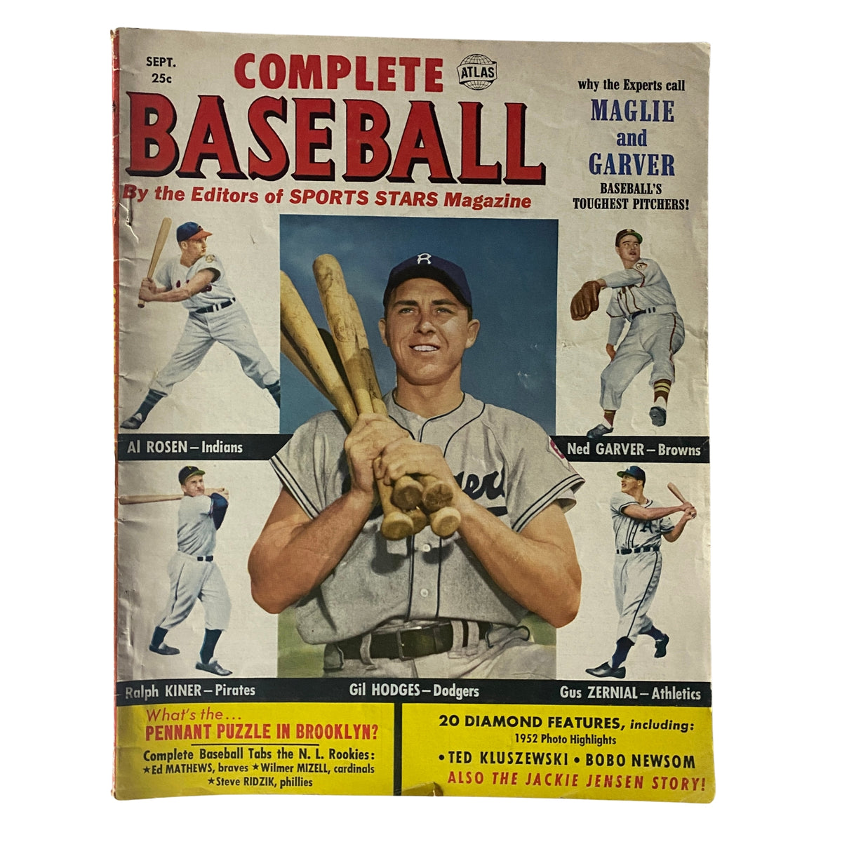 Complete Baseball Magazine September 1952 featuring Gil Hodges, Ralph Kiner, and Al Rosen on the cover, showcasing vintage baseball players and memorabilia from the 1950s baseball season.