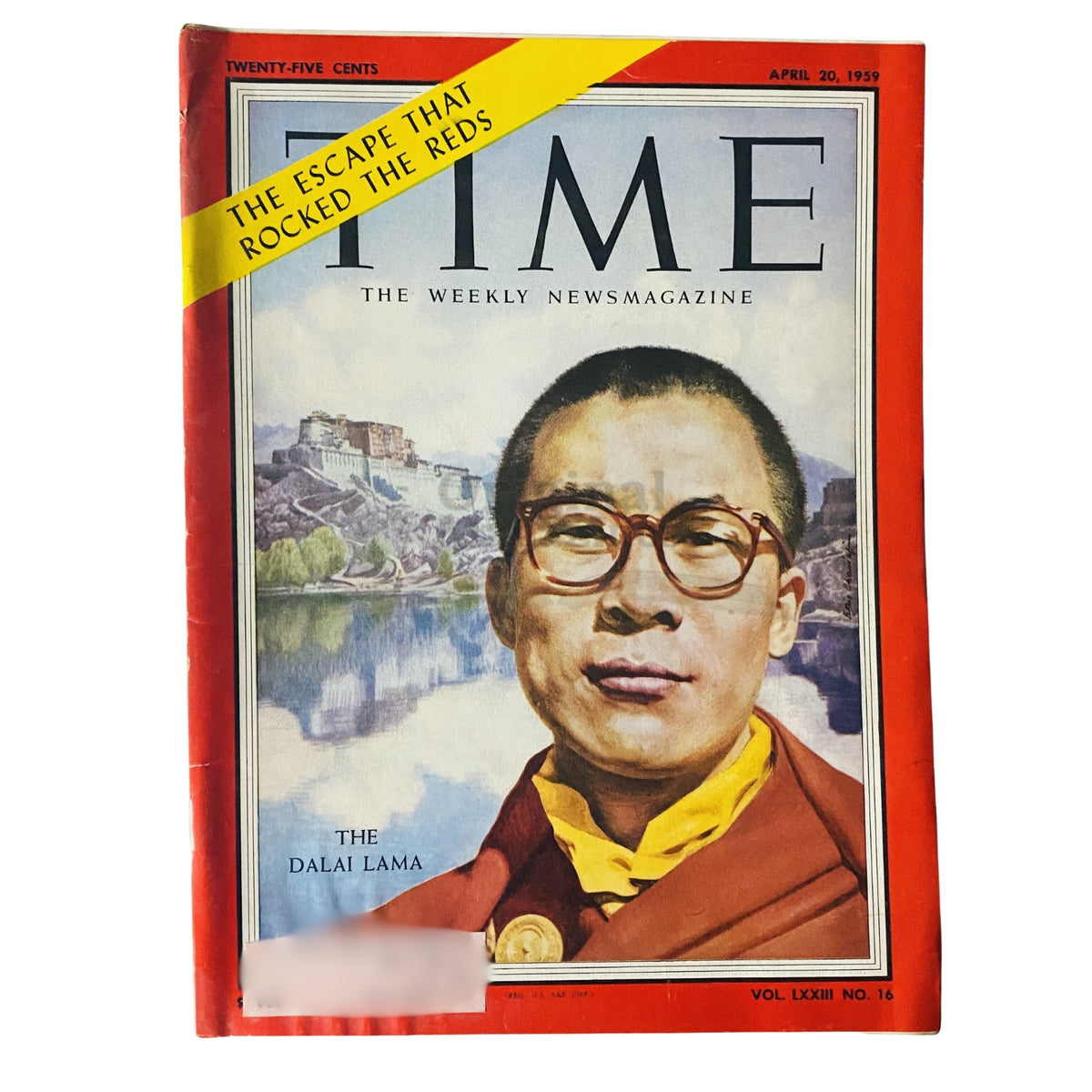 Time Magazine April 20 1959 Vol 73 No. 16 featuring the Dalai Lama on the cover, showcasing a vintage illustration and the magazine's iconic red border.