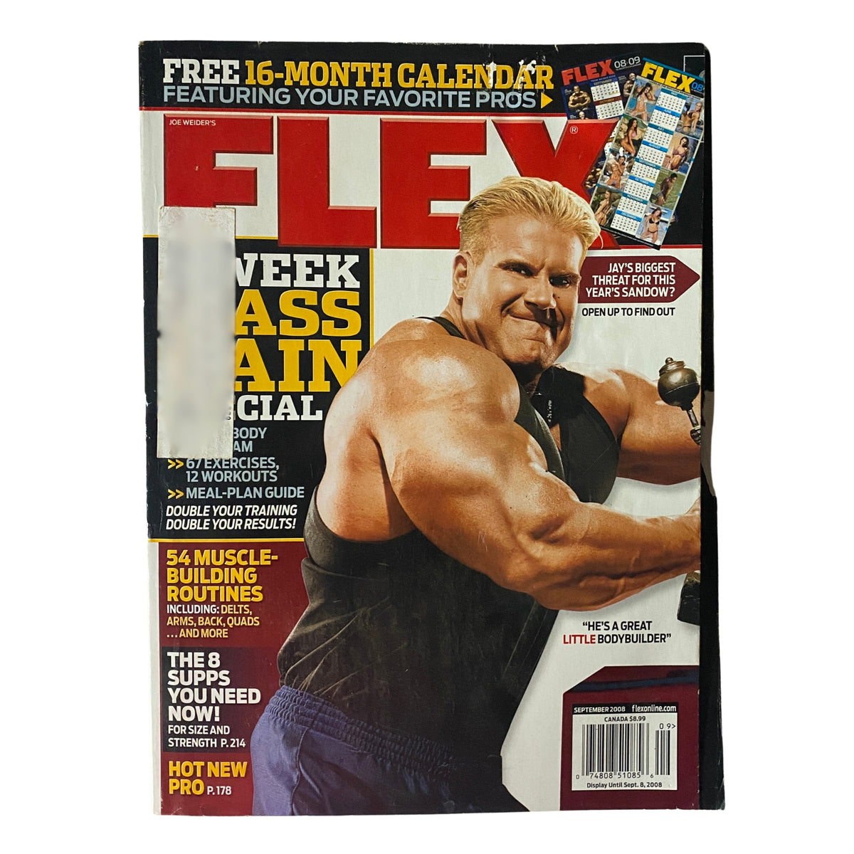 Cover of Flex Magazine September 2008 featuring bodybuilding star Jay Cutler, including headlines and a promotional banner.