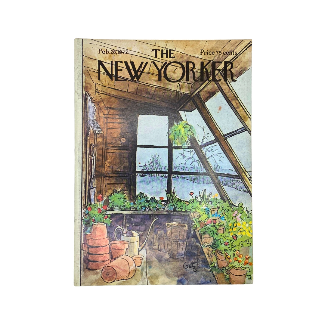 The New Yorker Complete Magazine February 28, 1977 featuring an artistic cover by Arthur Getz depicting a serene indoor garden scene with plants and pots, published by Original Magazines.